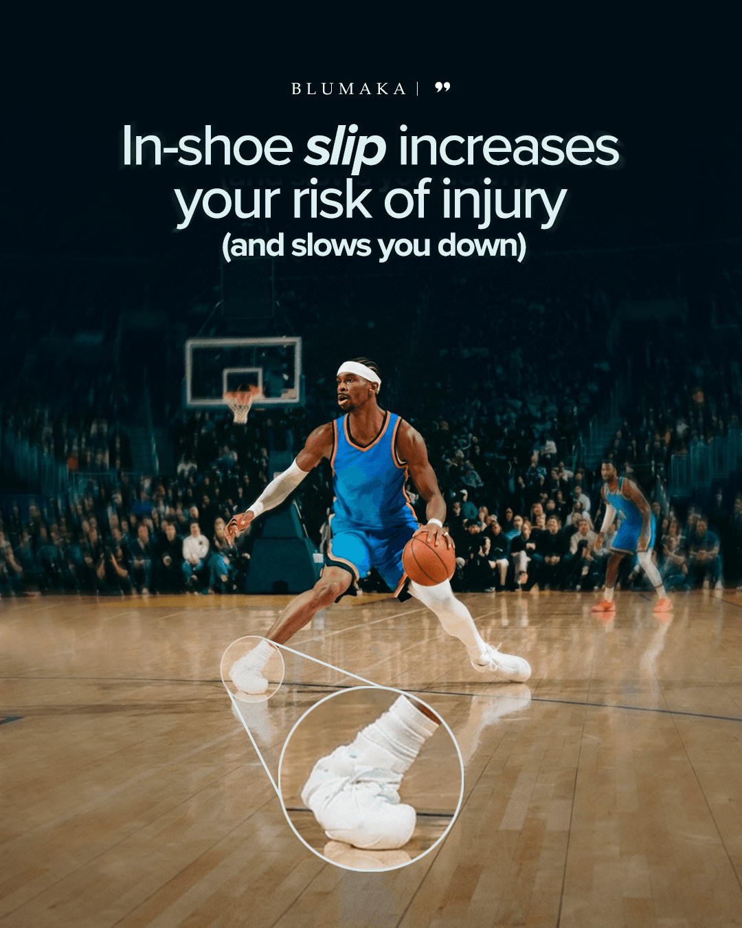 NBA basketball player action — In-shoe slip increases your risk of injury and slows you down — Blumaka dark version